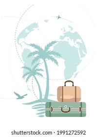 postcard tourist planet and suitcases, vector illustration of vacation, travel