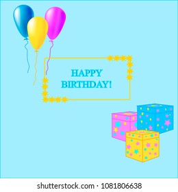 The postcard with toy balloons and presentation boxes