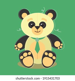 Postcard "toy panda in a tie on a green backrgound".