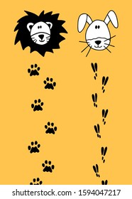 Postcard with traces of a lion and a hare in doodle style. Cute kids orange background. Vector stock illustration. African and forest animal. Vertical invitation for children.summer and winter beast.
