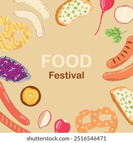 Postcard with traditional German food: pretzel, sausages, mustard, bread with green onion, radish. Hand drawn trendy flat vector illustrations for bar menu, beer and food festival.