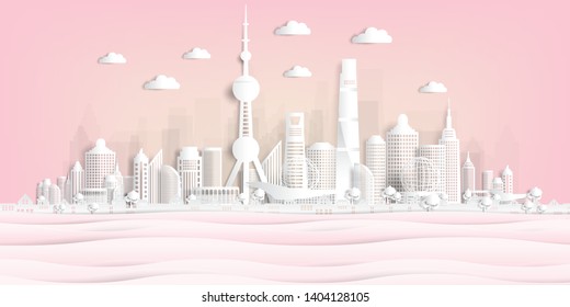 Postcard and travel poster of world famous landmarks paper cut style vector illustration