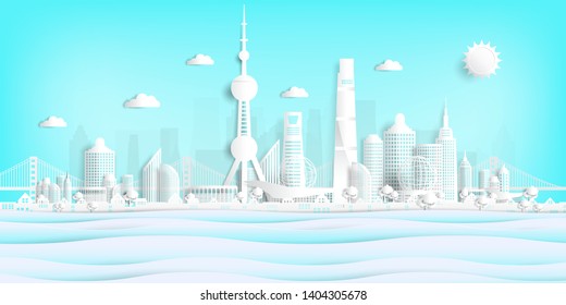 Postcard and travel poster of world famous landmarks paper cut style vector illustration