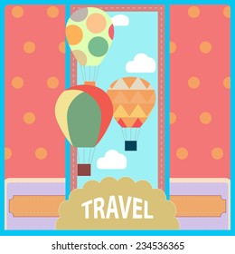 Postcard of traveller with balloons and clouds