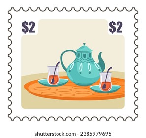 Postcard of tray with teapot and cups with spoons. Turkish tea traditional glass mugs and ceramic plate. Postal mark or card with price, correspondence and mailing sticker. Vector in flat style