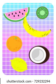 Postcard with tropical fruits in the style of the 80's. Memphis style print, geometric lines and shapes. Template for cards, invitations, flyer, poster. Vector illustration EPS 10