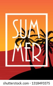 Postcard with tropical landscape Summer background Palm trees silhouette. Vector illustration.
