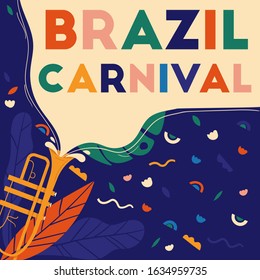 Postcard with trumpet and cloud with words. Card for carnival in Brazil. Abstract memphis background. Concept of festival, party.Design element for banner, poster, card. Flat vector illustration