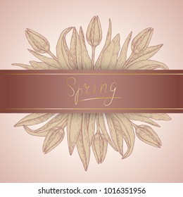 Postcard with tulips, booklet, invitation in vintage style. Sketch, hand drawn. Vector illustration.