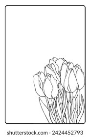 Postcard with tulips and free space for text. Coloring postcard in the mood of spring. A beautiful greeting for a holiday, birthday, Easter, Mother's Day.