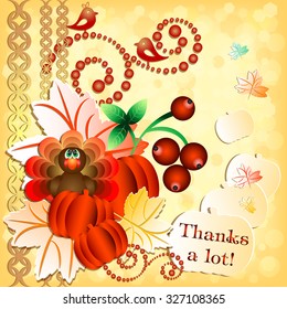 Postcard with turkey, pumpkins, berries and maple leaves for congratulations with happy Thanksgiving in scrapbooking style. Vector illustration