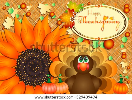 Postcard with turkey, pumpkins and big sunflower for congratulations with happy Thanksgiving in scrapbooking style. Vector illustration