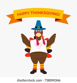 A postcard with a turkey for Thanksgiving in a cartoon style. Funny illustration isolated on white background