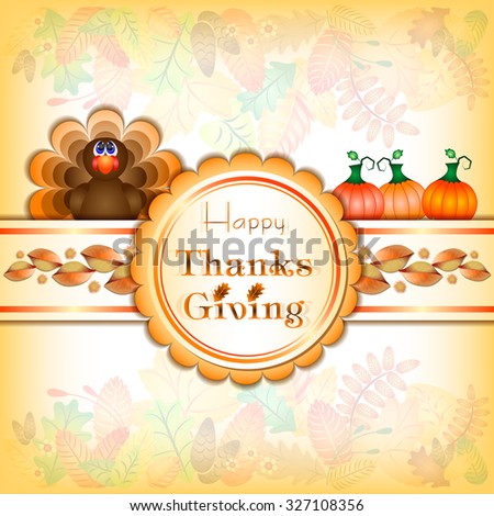 Postcard with turkey and three pumpkins for congratulations with happy Thanksgiving in retro scrapbooking style. Vector illustration