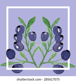 Postcard: Two branches of blueberry in the white frame on a blue background. Watercolor.