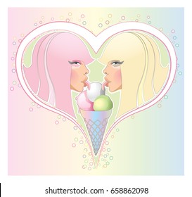 Postcard with two cute girls eating ice cream. Multicolored background