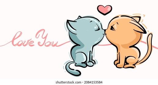 postcard with two cute little cats for Valentine's day. Lettering I love you