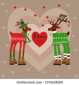 Postcard with two dressy deer whith heart and text "I love you". Seasonal greetings  reindeer cartoon expression set in vector format.