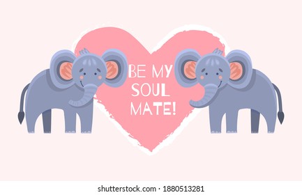 Postcard with two elephants and a heart for February 14 and valetin s day. Valentine s day lettering. Horizontal postcard with the inscription be my other half.