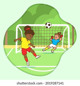 Postcard, two girls soccer players kicking the ball into the soccer goal. Vector illustration in cartoon style, contour flat drawing for children