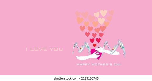 Postcard with two hands hugging heart background elements. Vector symbol of love in the shape of a heart for Happy Mother's Day greeting card design