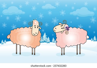 Postcard with two lambs on a background of a winter landscape with fir trees and snowflakes. Winter sheep card.