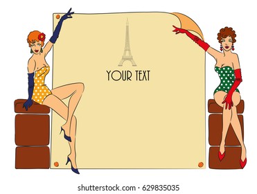 Postcard with two pin-up girls. Perfect for put your text. Vector illustration