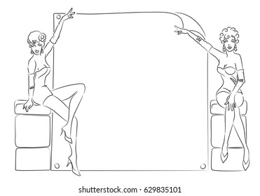 Postcard with two pin-up girls. Perfect for put your text. Vector illustration