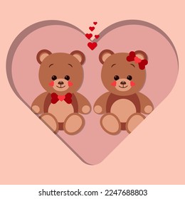 A postcard of two teddy bears in love sits on a paper cut big heart. The concept of Valentine Day. Flat vector illustration isolated on a red background