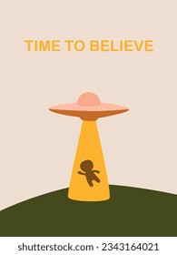postcard with ufo taking a man