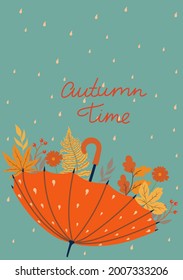 Postcard with umbrella and autumn leaves. Vector graphics.