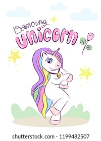 Postcard with a unicorn. Dancing unicorn.