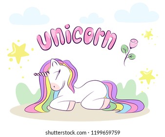 Postcard with a unicorn. Happy Unicorn is sleeping.