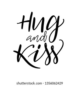 Postcard with a unique lettering hug and kiss for Valentines Day. Vector illustration with isolated elements