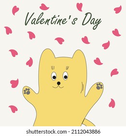 Postcard Valentine cat with hearts. Vector illustration for Valentine's day.