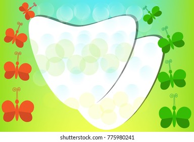 Postcard of valentine days with red and green butterfly flying in side of white two heart and circle bokeh background. vector art and illustration design.
