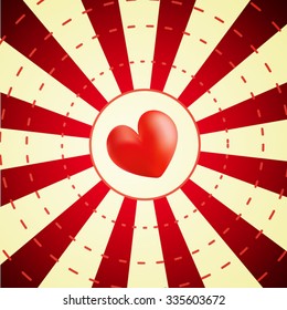 Postcard Valentine in the form of a bright surround the heart on the background of lots of bright rays emanating from the center. All isolated.