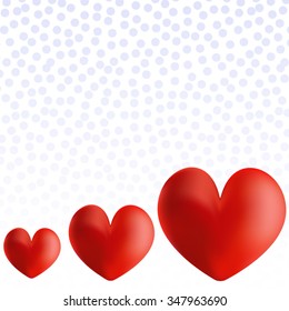 Postcard Valentine in the form of three isolated surround bright red hearts, arranged in ascending order, on the retro background with falling snow.