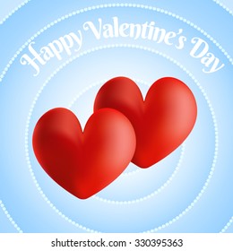 Postcard Valentine in the form of two lovers volume red hearts on curved surround a blue retro background with holiday greetings. All isolated.