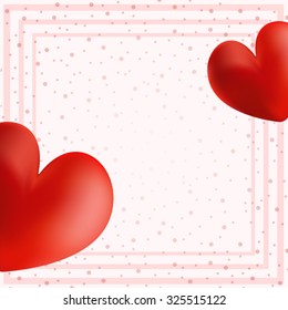 Postcard Valentine in the form of two voluminous bright red hearts isolated, looking from different angles, on a retro background of pink dots and squares.