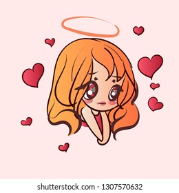 Postcard Valentine girl angel with hearts tasty vector illustration