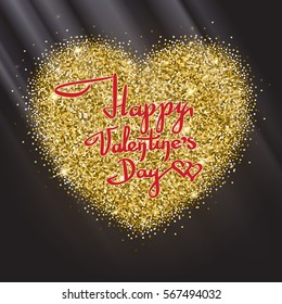 Postcard of Valentine s day with a heart of gold and lettering, calligraphy, Icon of Heart with gold sparkles and glitter, glow light, bright sequins, sparkle tinsel, shimmer dust.