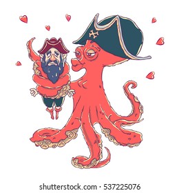 Postcard for Valentine's day. 14 Feb. Be my Valentine. Love the octopus hugs confused pirate. Vector illustration isolated on white. T-shirt printing.