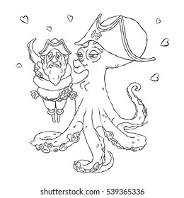 Postcard for Valentine's day. 14 Feb. Be my Valentine. Love the octopus hugs confused pirate. Vector illustration isolated on white. Coloring page