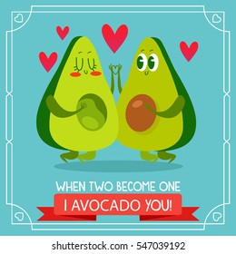 Valentinstag der Postkarte. Avocado Pärchen Cartoon. Comic Food.Illustration mit lustigen Charakteren. Liebe und Herz.  