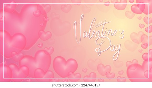 Postales para el Día de San Valentín. Antecedentes con corazones traslúcidos volando rosados. Inscripción blanca caligráfica