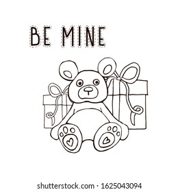 Postcard. Valentine's Day. Be mine. Teddy bear. Mountain of gifts. Vector illustration. Contour postcard.