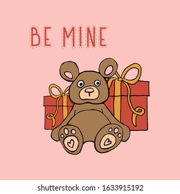 Postcard. Valentine's Day. Be mine. Teddy bear. Mountain of gifts. Vector illustration.