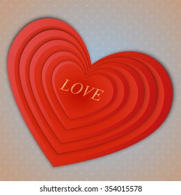 Postcard Valentine's Day. Bright red heart volume, consisting of superposed in decreasing order of small hearts inscribed on retro background.