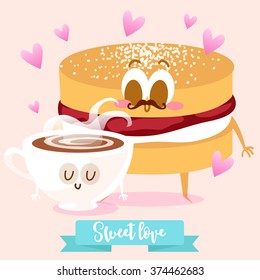 Postcard Valentine's Day. cappuccino and cake. Comic food. Illustration with funny characters. Love and hearts.